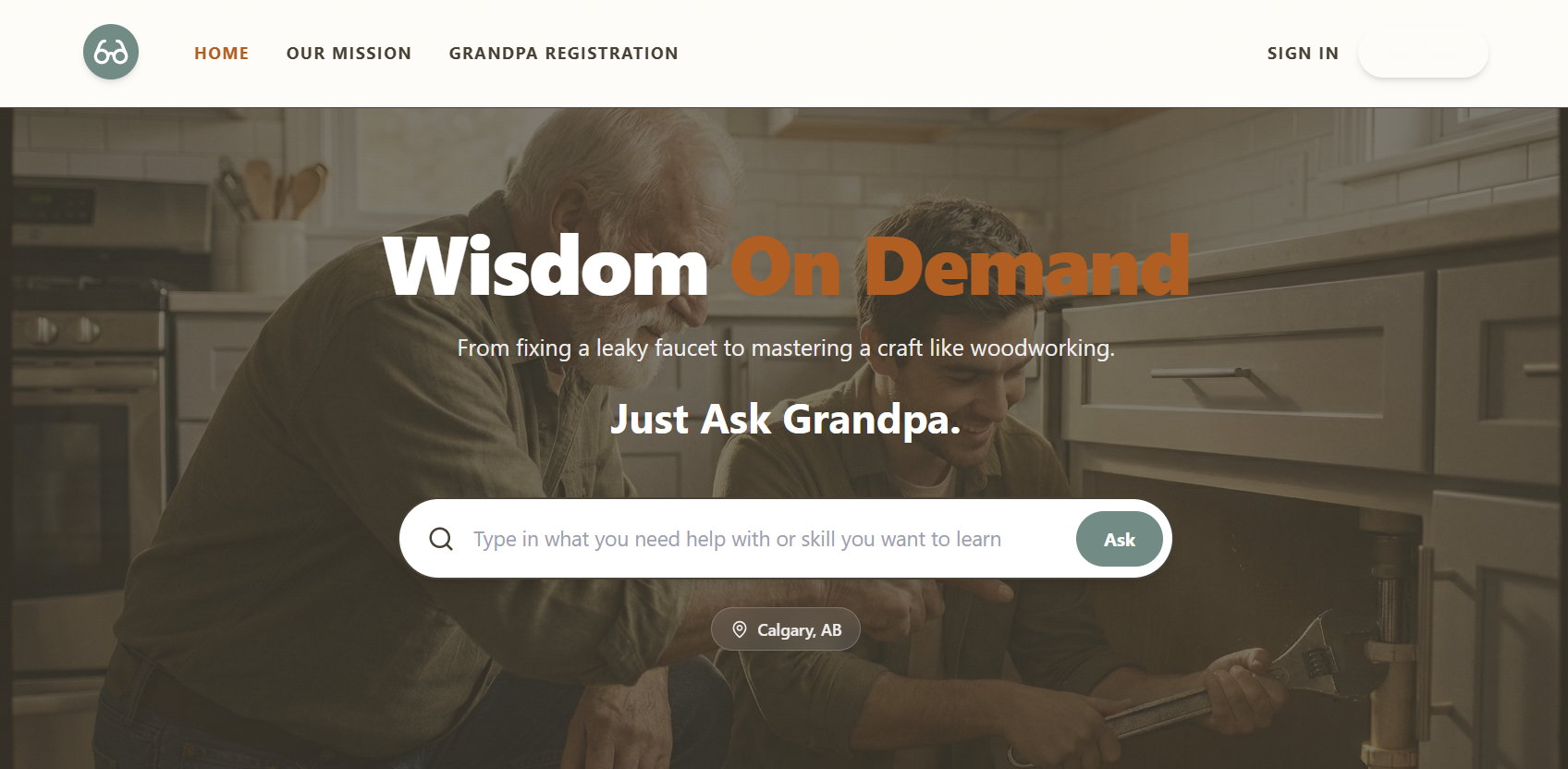 Ask My Grandpa modern platform with warm inviting design